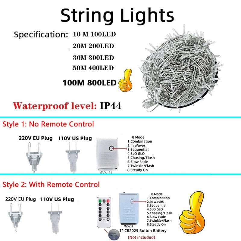 Fairy Lights 10M-100M Led String Garland Christmas Light Waterproof For Tree Home Garden Wedding Party Outdoor Indoor Decoration RGB LED Light String DailyAlertDeals
