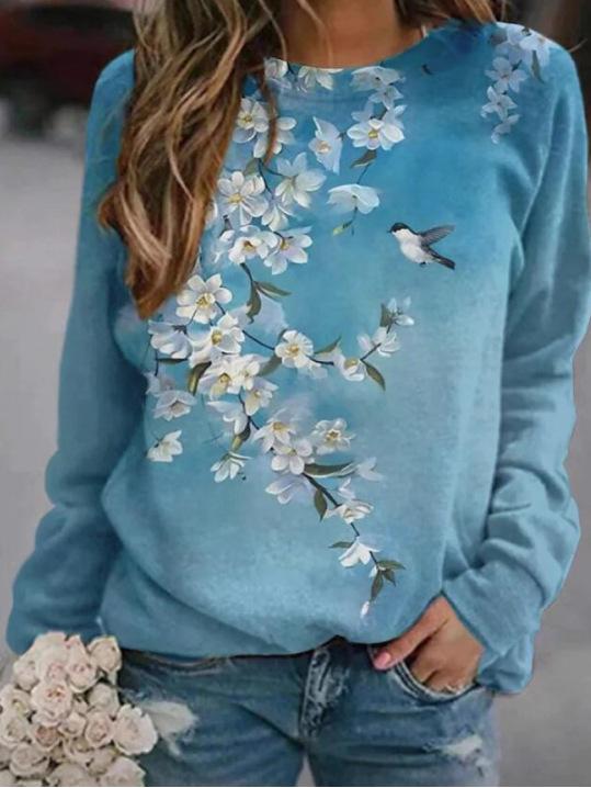 Autumn Women's Printed Long Sleeve Casual Round Neck Floral print T-shirt Loose Plus Size Top 0 DailyAlertDeals Blue S