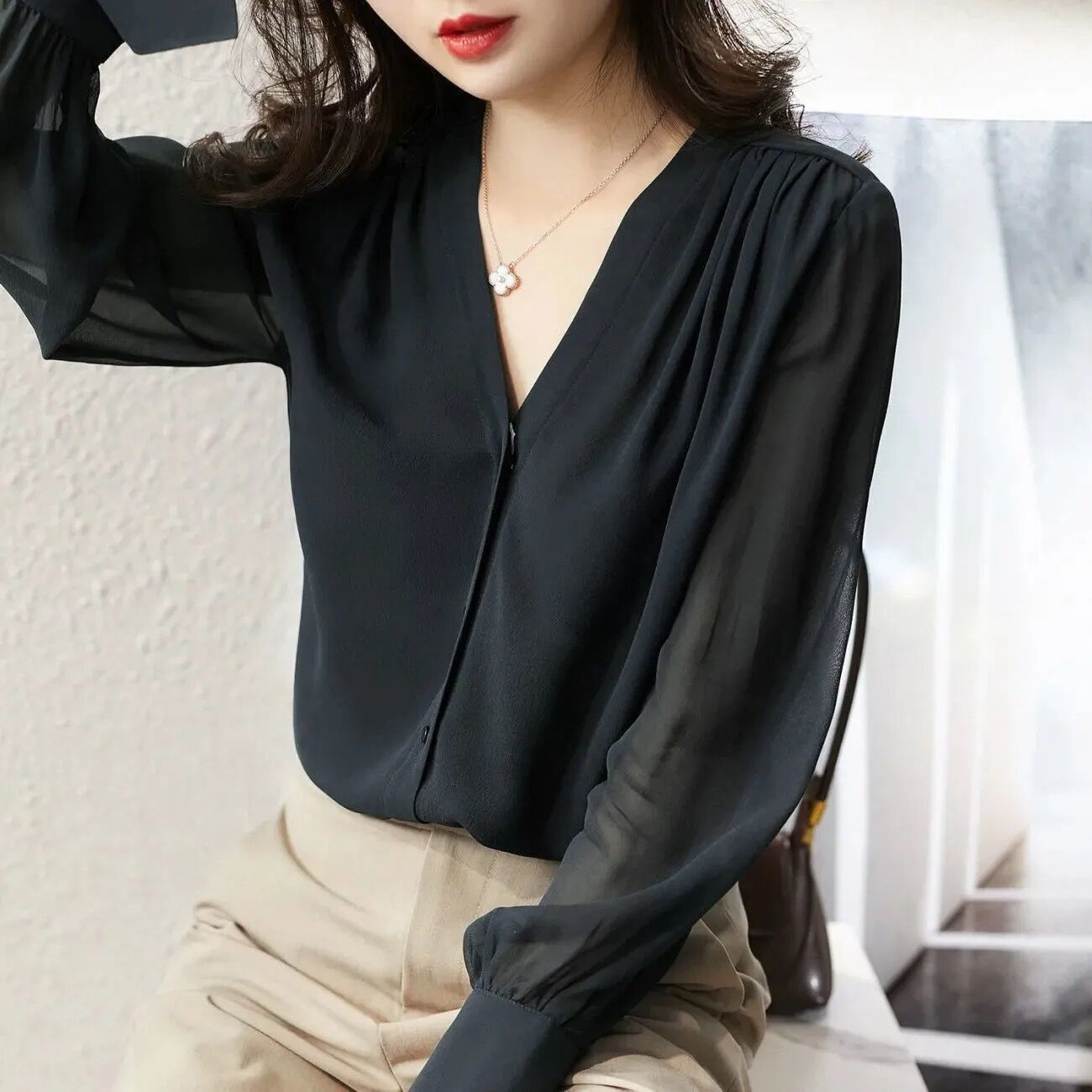 Elegant Summer Gauze Long Sleeve Solid Color Button V-neck Blouses Straight Loose Chiffon Thin Comfortable Women's Clothing 2022 0 DailyAlertDeals Black M