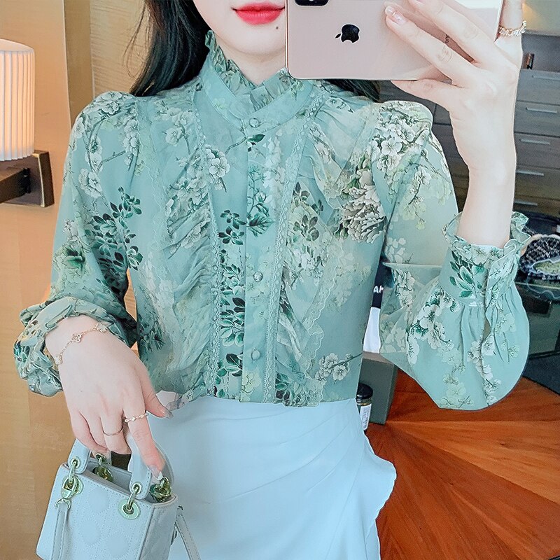 Floral Printed Elegant Blouse Women 2022 Fashion Long Sleeve Ruffle Lace Shirt Women Stand Collar Vintage Lady Blouses Top 18757 0 DailyAlertDeals