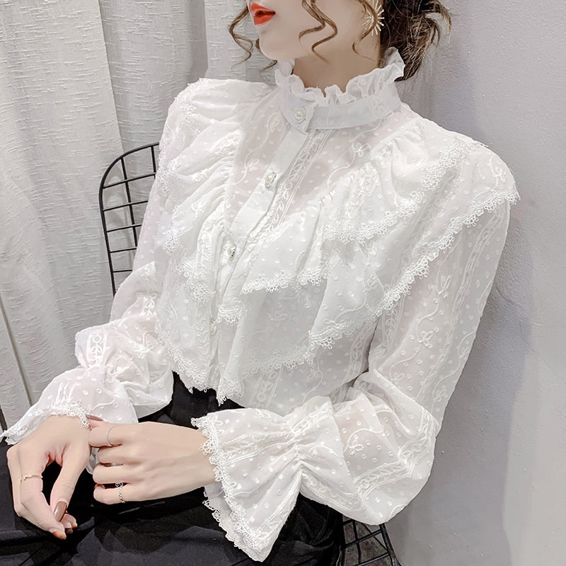 Korean Style Stand Collar Pleated Tops Fashion Ruffle Stitching Elegant Lace Blouse Long Sleeve Loose Chiffon Shirt Blusas 15832 0 DailyAlertDeals