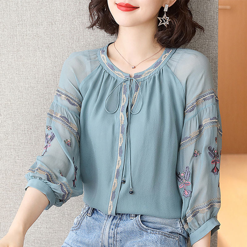 Elegant Embroidery Drawstring Oversized Lantern Sleeve Shirt Summer and Autumn Casual Tops Commute Fashion Woman Blouses 2022 0 DailyAlertDeals Blue XS