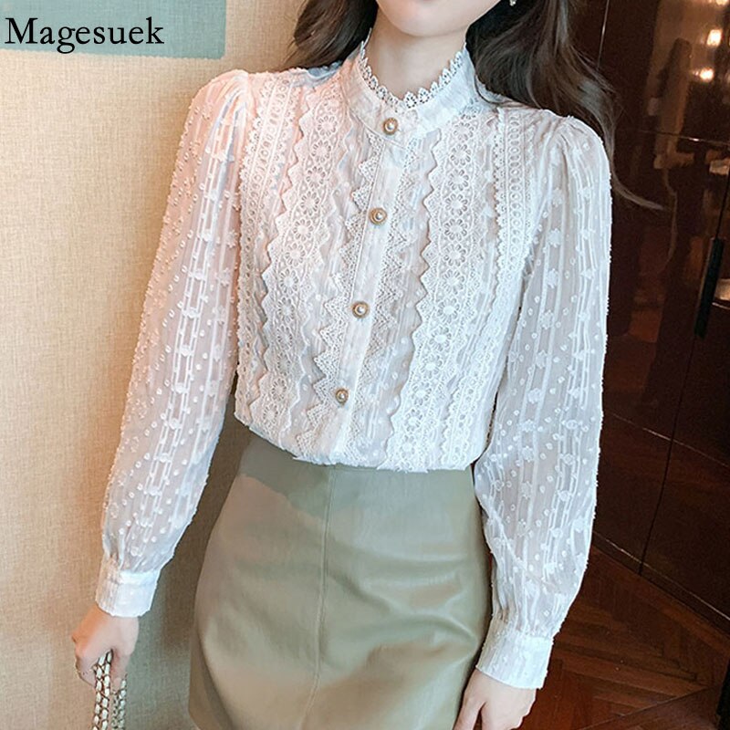 Lace White Blouse Women Shirt Vintage Long Sleeve Blouse Women Blusas Mujer De Moda 2022 Stand Collar Elegant Blouses Tops 19641 0 DailyAlertDeals