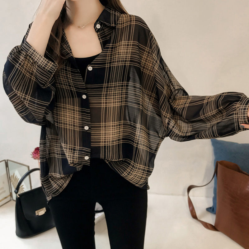 Fashion Casual Thin Chiffon Loose Batwing Sleeve Plaid Women Shirt 2022 Office Lady All-match Lapel Button Oversize Woman Blouse 0 DailyAlertDeals