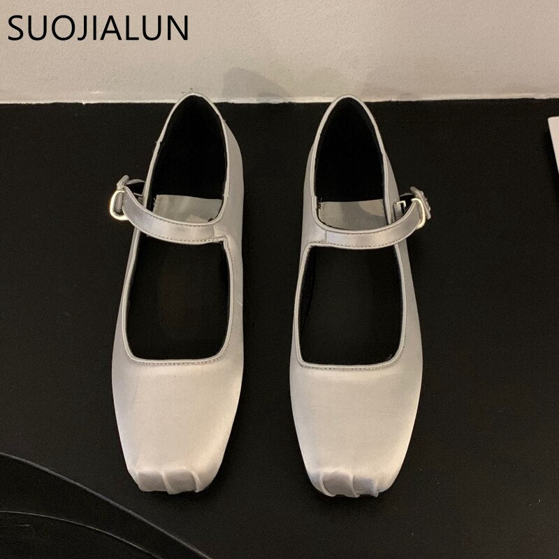 SUOJIALUN 2023 Spring New Women Flat Shoes Fashion Silk Square Toe Shallow Ladies Ballet Shoes Soft Casual Flat Mary Jane Shoes 0 DailyAlertDeals