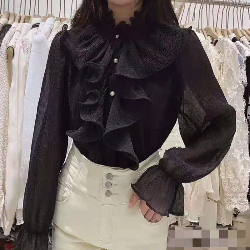 Korean Chic Ruffles Stitching Elegant Blouse Woman Stand Collar Button Chiffon Shirt Long Flare Sleeve Fashion Loose Tops 12946 0 DailyAlertDeals Black S