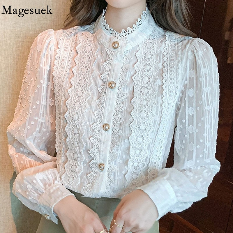 Lace White Blouse Women Shirt Vintage Long Sleeve Blouse Women Blusas Mujer De Moda 2022 Stand Collar Elegant Blouses Tops 19641 0 DailyAlertDeals