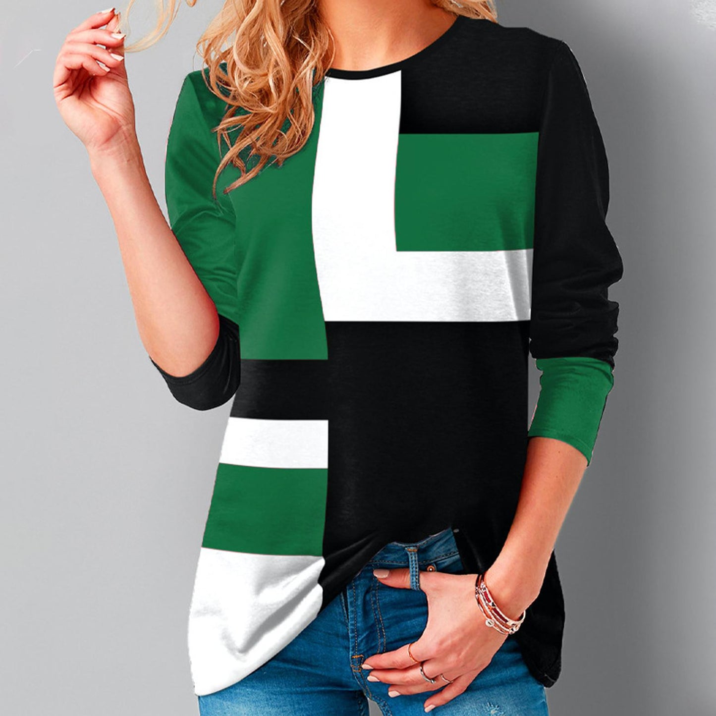 Women Loose Casual Round Neck Geometric Print Long Sleeve Plus Size Autumn Tshirt Tops Blouses 0 DailyAlertDeals Green S