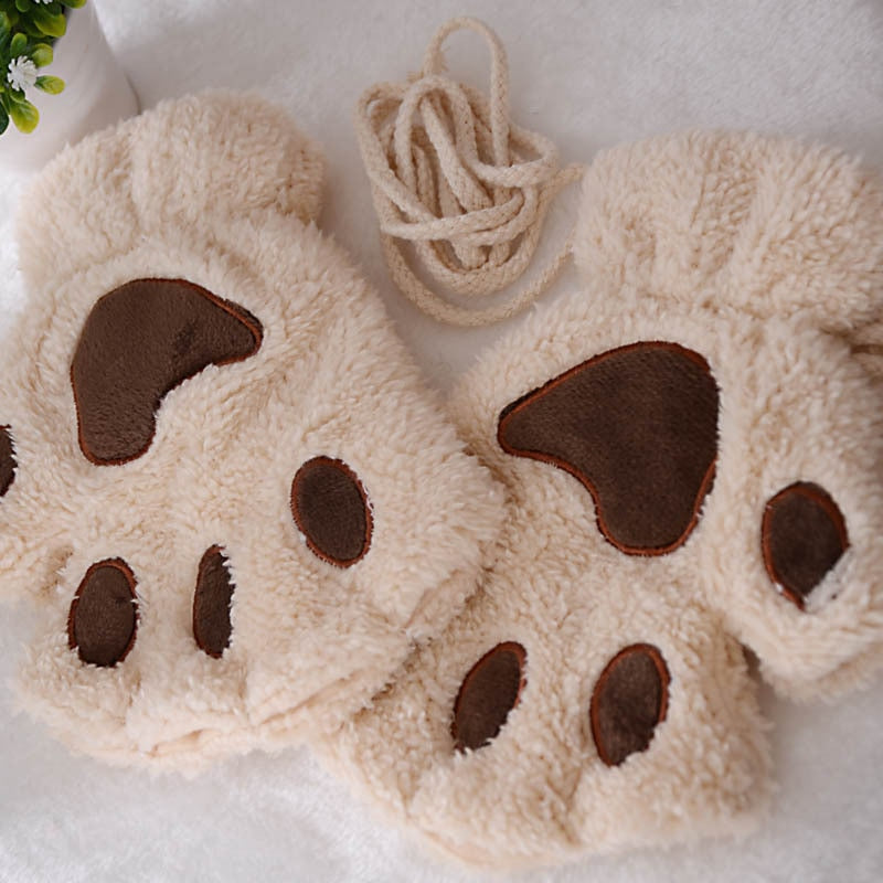 Fashion Girls Lovely Cat Claw Paw Plush Mittens Warm Soft Plush Short Fingerless women Leisure Bear Cat Gloves Half Finger Gifts Paws Gloves DailyAlertDeals beige One Size