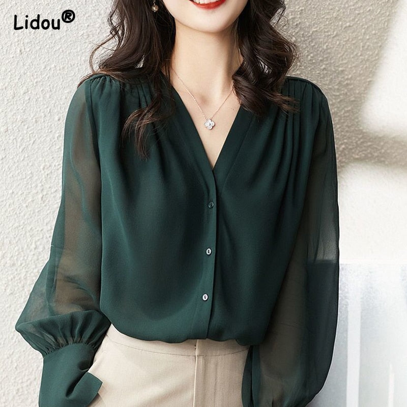 Elegant Summer Gauze Long Sleeve Solid Color Button V-neck Blouses Straight Loose Chiffon Thin Comfortable Women's Clothing 2022 0 DailyAlertDeals molv M