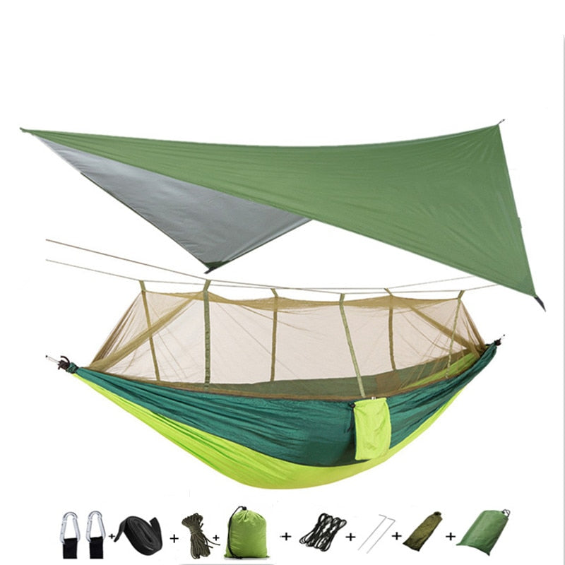Lightweight Portable Camping Hammock and Tent Awning Rain Fly Tarp Waterproof Mosquito Net Hammock Canopy 210T Nylon Hammocks Camping Hammock and Tent DailyAlertDeals Green and lightgreen