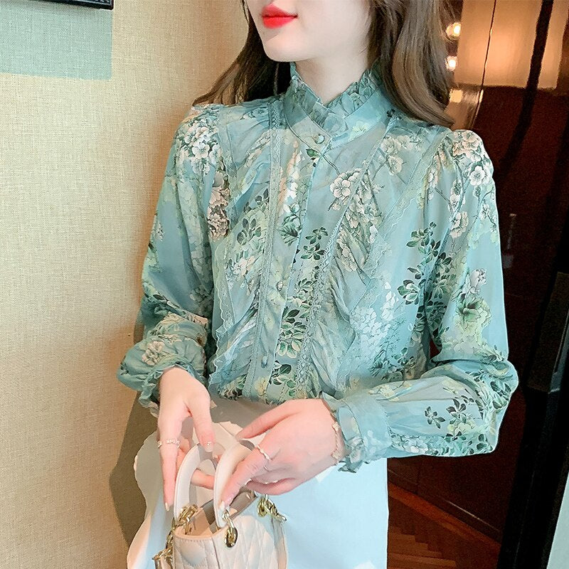 Floral Printed Elegant Blouse Women 2022 Fashion Long Sleeve Ruffle Lace Shirt Women Stand Collar Vintage Lady Blouses Top 18757 0 DailyAlertDeals
