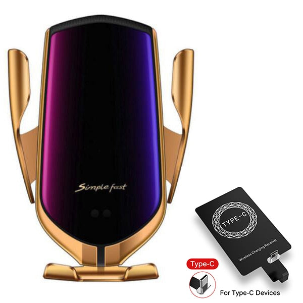 FLOVEME Qi Automatic Clamping 10W Wireless Charger Car Phone Holder Smart Infrared Sensor Air Vent Mount Mobile Phone Stand Hold Wireless Car Charger DailyAlertDeals China Gold For Type C