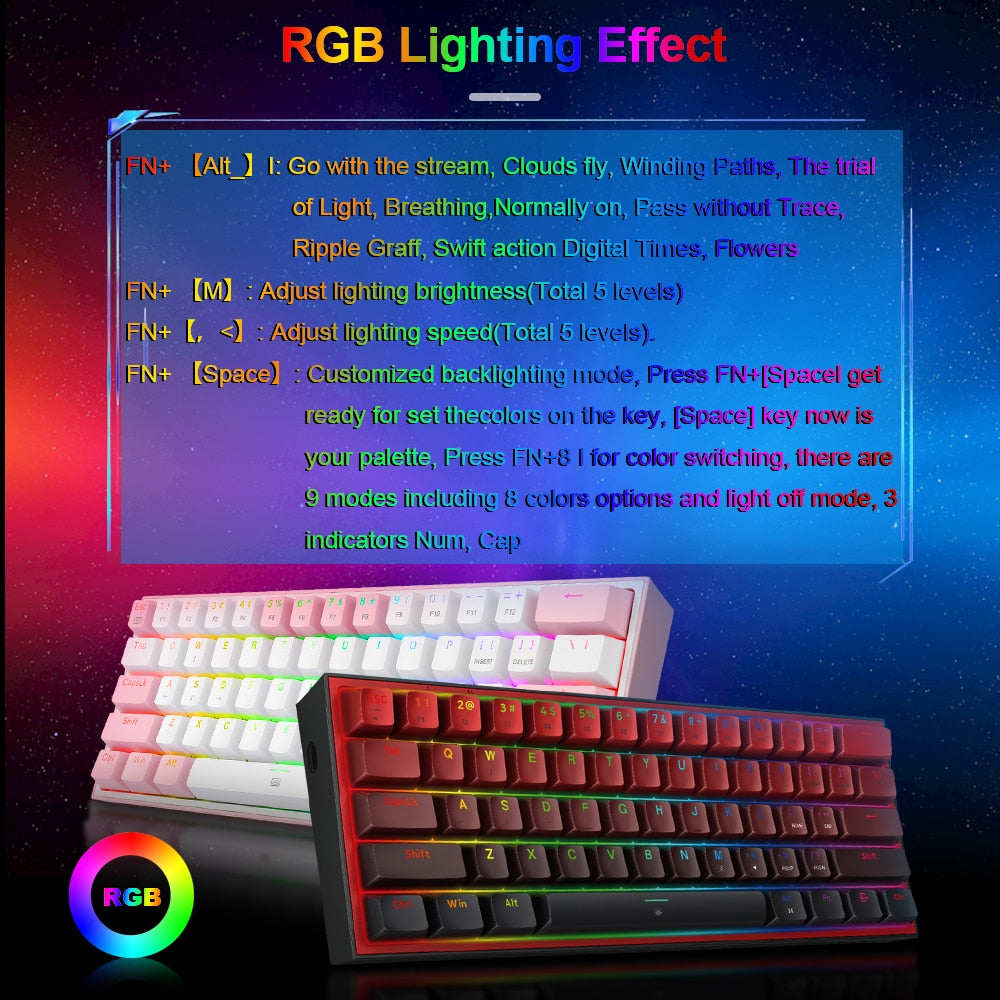 REDRAGON Fizz K617 RGB USB Mini Mechanical Gaming Wired Keyboard Red Switch 61 Key Gamer for Computer PC Laptop detachable cable Keyboard DailyAlertDeals