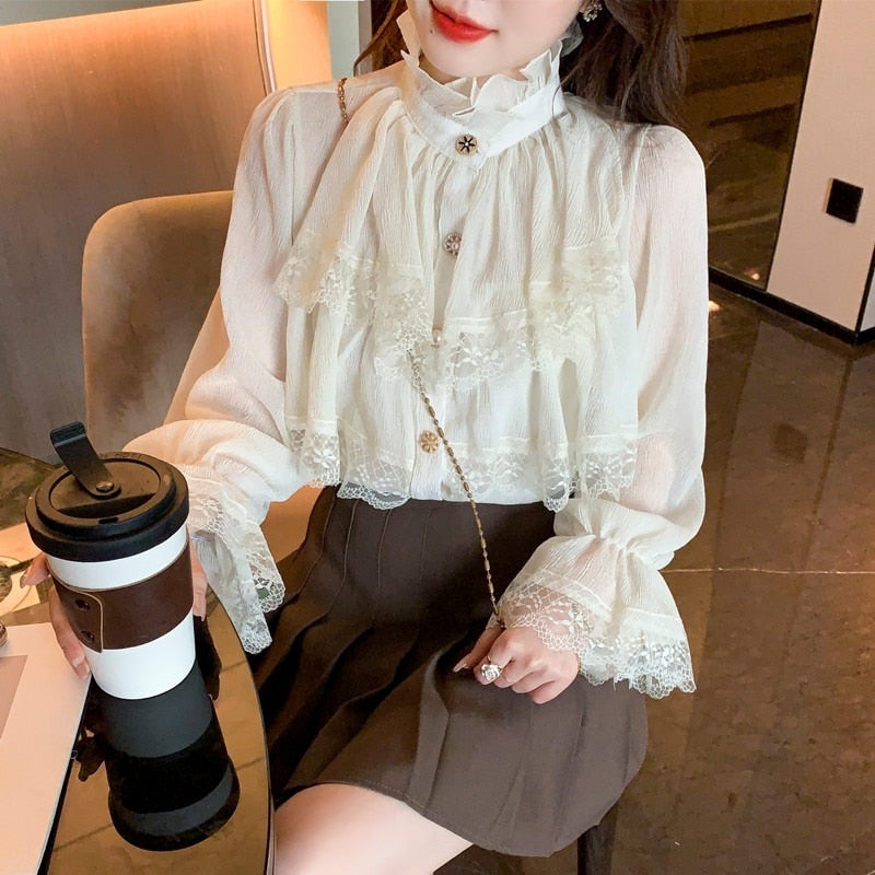 Fashion Korean Blouse Women Blusas Stand Collar Chiffon Shirts Long Sleeve 0 DailyAlertDeals