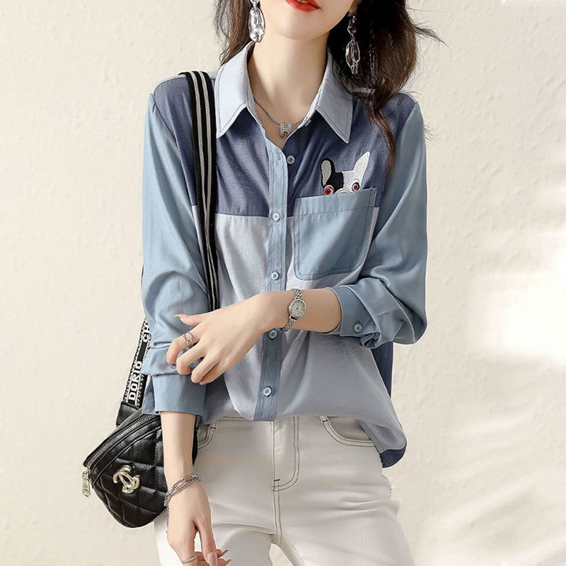Office Lady Turn-down Collar Button Patchwork Pockets Spring Autumn Women's Clothing Fashion Straight Loose Long Sleeved Blouses 0 DailyAlertDeals