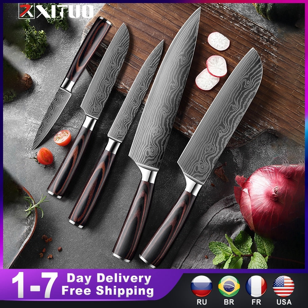 XITUO 1-5PCS set Chef Knife Japanese Stainless Steel Sanding Laser Pattern Knives Professional Sharp Blade Knife Cooking Tool 0 DailyAlertDeals
