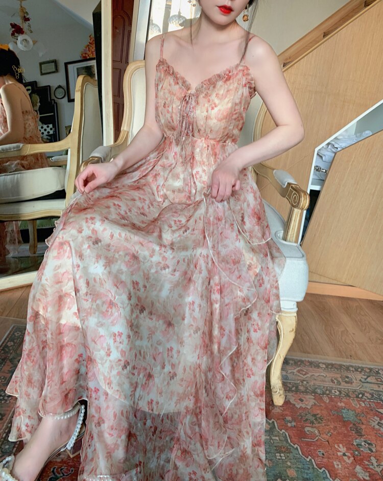Elegant Chiffon Print Dress Women Retro Sexy Sweet Fit Chic Spaghetti Strap Lace-up Corset Dress Holiday Beach Summer Dress 2022 0 DailyAlertDeals Pink Strap Dress S(40KG-50KG)