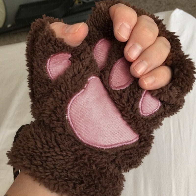 Fashion Girls Lovely Cat Claw Paw Plush Mittens Warm Soft Plush Short Fingerless women Leisure Bear Cat Gloves Half Finger Gifts Paws Gloves DailyAlertDeals