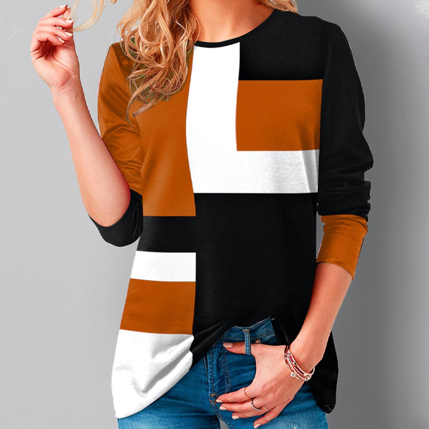 Women Loose Casual Round Neck Geometric Print Long Sleeve Plus Size Autumn Tshirt Tops Blouses 0 DailyAlertDeals Orange S