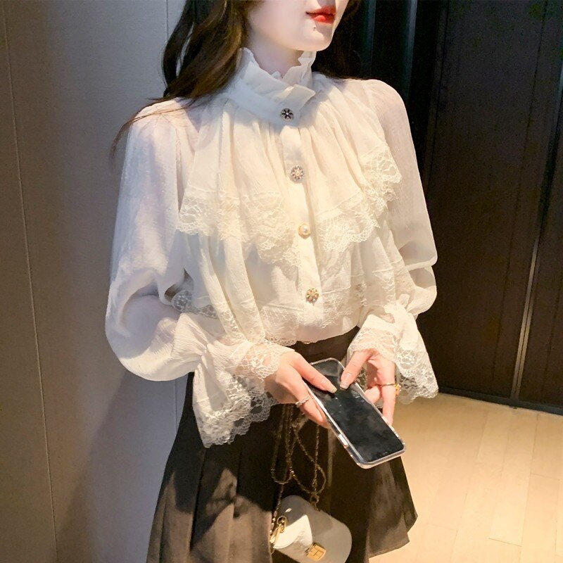Fashion Korean Blouse Women Blusas Stand Collar Chiffon Shirts Long Sleeve 0 DailyAlertDeals