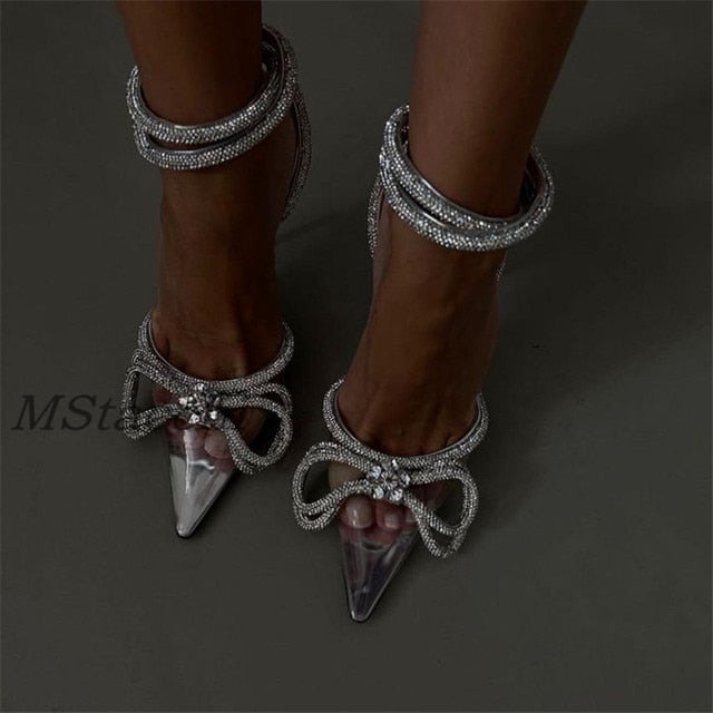Glitter Rhinestones Women Pumps Crystal Bowknot Satin Sandals 2023 Summer Transparent Shoes High Heels Party Prom Designer Shoes DailyAlertDeals