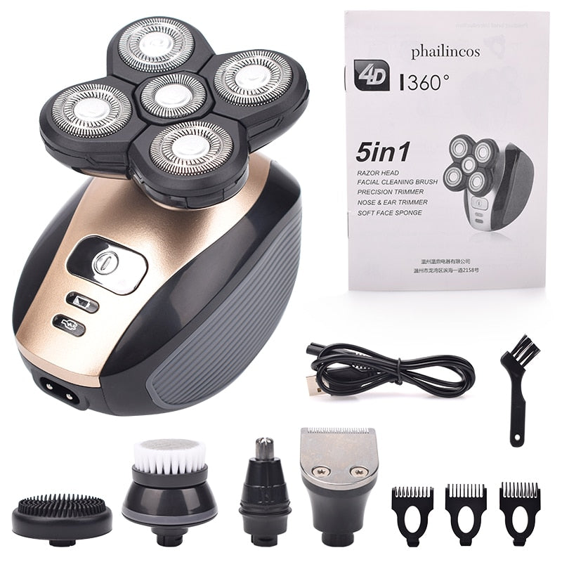 5 In 1 4D Men Rechargeable Bald Head Electric Shaver 5 Floating Heads Beard Nose Ear Hair Trimmer Razor Clipper Facial Brush Men Rechargeable Bald Head Electric Shaver DailyAlertDeals USA 5-in-1-Gold