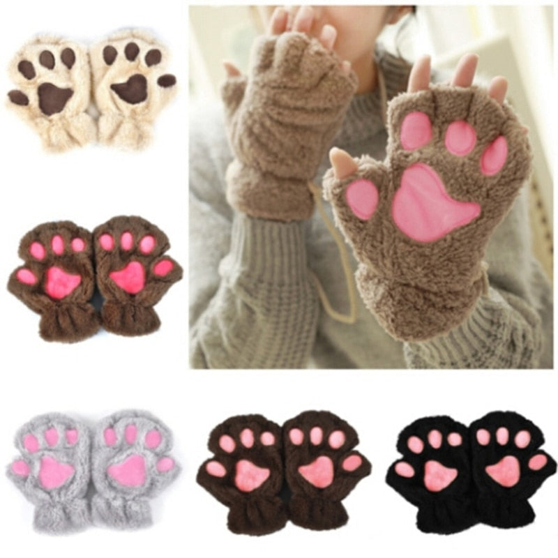 Fashion Girls Lovely Cat Claw Paw Plush Mittens Warm Soft Plush Short Fingerless women Leisure Bear Cat Gloves Half Finger Gifts Paws Gloves DailyAlertDeals