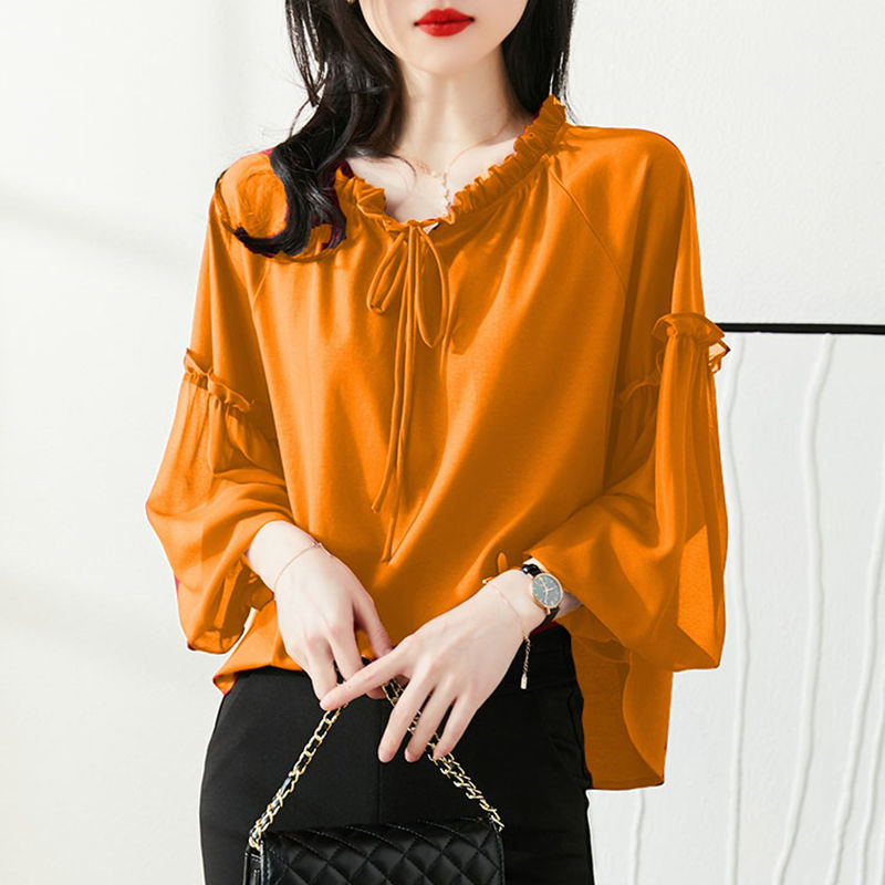 Elegant Fashion V-neck Loose Butterfly Sleeve Blouses Female Solid Color Chiffon Thin Shirts 6XL Oversize Women Clothing 2022 0 DailyAlertDeals Yellow L