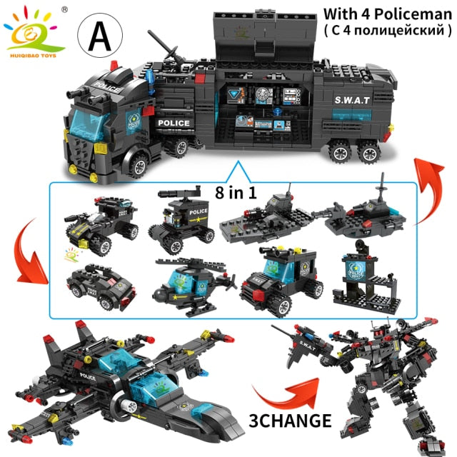 HUIQIBAO SWAT Police Station Truck Model Building Blocks City Machine Helicopter Car Figures building block toys hozanas4life A China