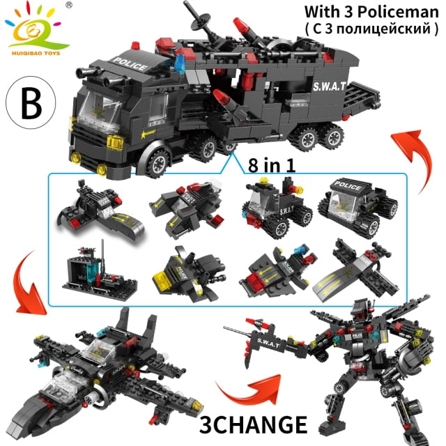 HUIQIBAO SWAT Police Station Truck Model Building Blocks City Machine Helicopter Car Figures building block toys hozanas4life B SPAIN