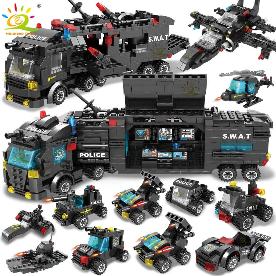 HUIQIBAO SWAT Police Station Truck Model Building Blocks City Machine Helicopter Car Figures building block toys hozanas4life