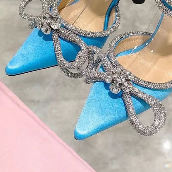 Runway style Glitter Rhinestones Women Pumps Crystal bowknot Satin Summer Lady Shoes Genuine leather High heels Party Prom Shoes  DailyAlertDeals Blue 36 