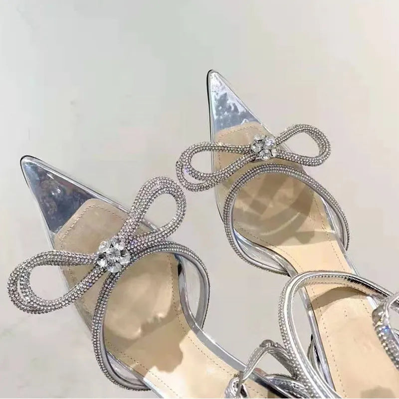 Runway style Glitter Rhinestones Women Pumps Crystal bowknot Satin Summer Lady Shoes Genuine leather High heels Party Prom Shoes  DailyAlertDeals Transparent 36 