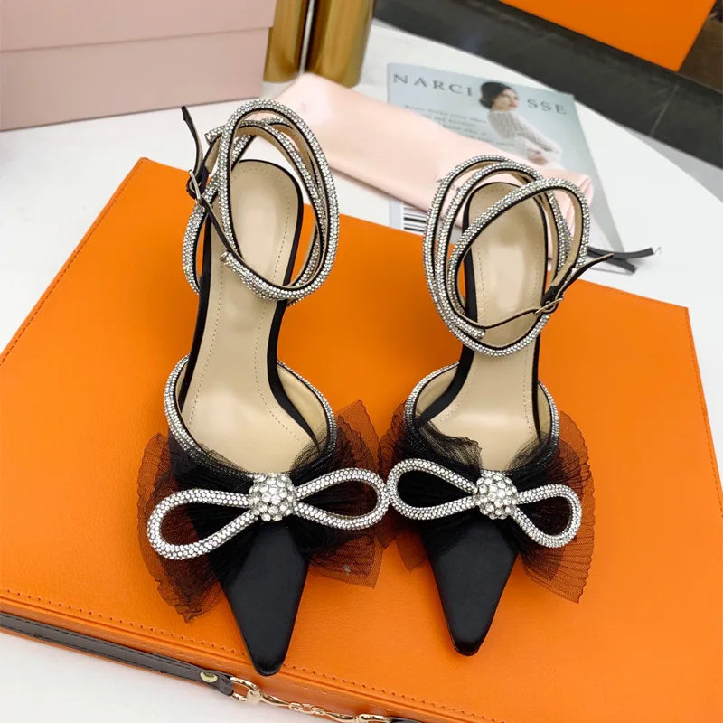 Runway style Glitter Rhinestones Women Pumps Crystal bowknot Satin Summer Lady Shoes Genuine leather High heels Party Prom Shoes  DailyAlertDeals   