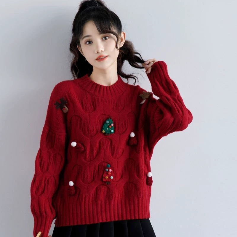 Autumn and Winter Three-Dimensional Knitted Long Sleeve Sweater Student Christmas  DailyAlertDeals S Red Stereo Christmas Tree Sweater 