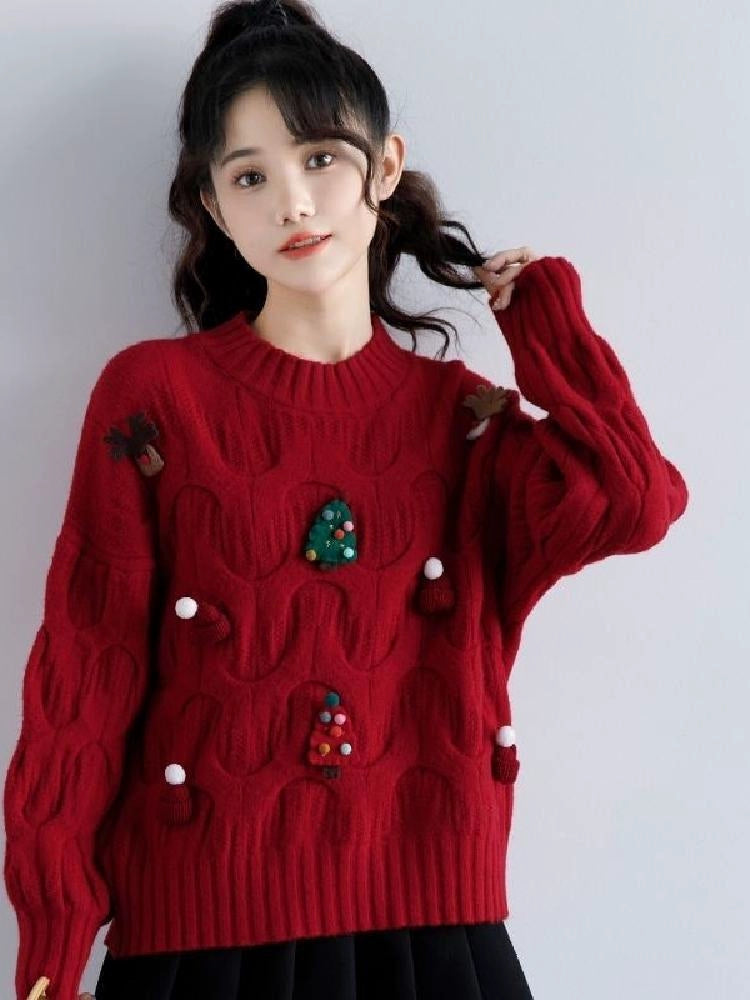 Autumn and Winter Three-Dimensional Knitted Long Sleeve Sweater Student Christmas  DailyAlertDeals   