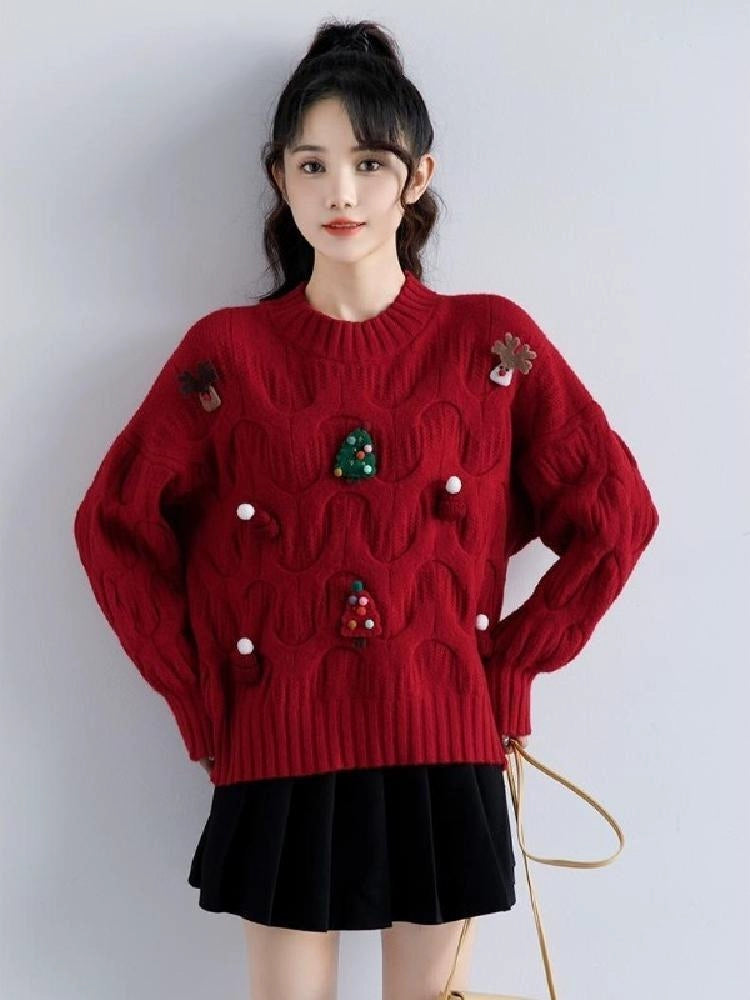 Autumn and Winter Three-Dimensional Knitted Long Sleeve Sweater Student Christmas  DailyAlertDeals   