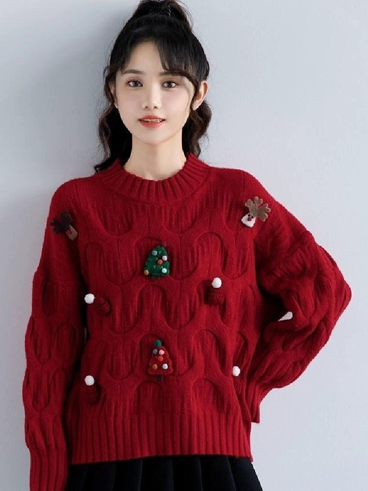 Autumn and Winter Three-Dimensional Knitted Long Sleeve Sweater Student Christmas  DailyAlertDeals   