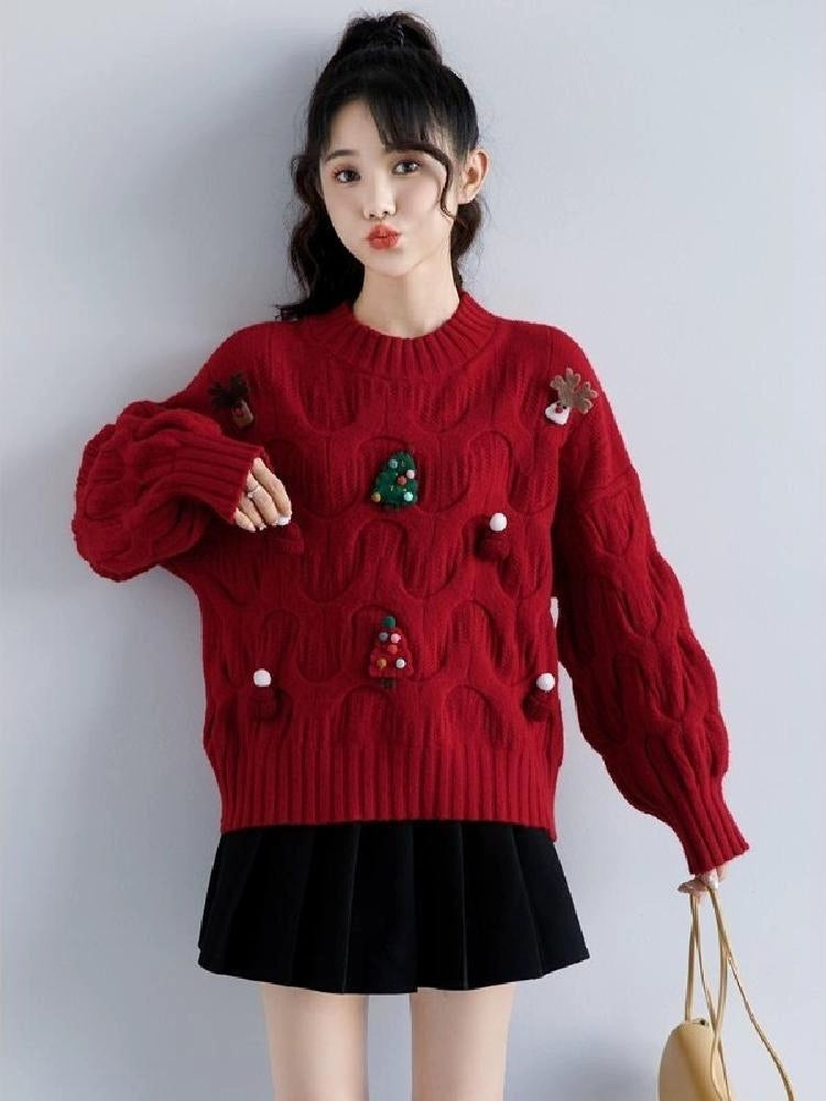 Autumn and Winter Three-Dimensional Knitted Long Sleeve Sweater Student Christmas  DailyAlertDeals   