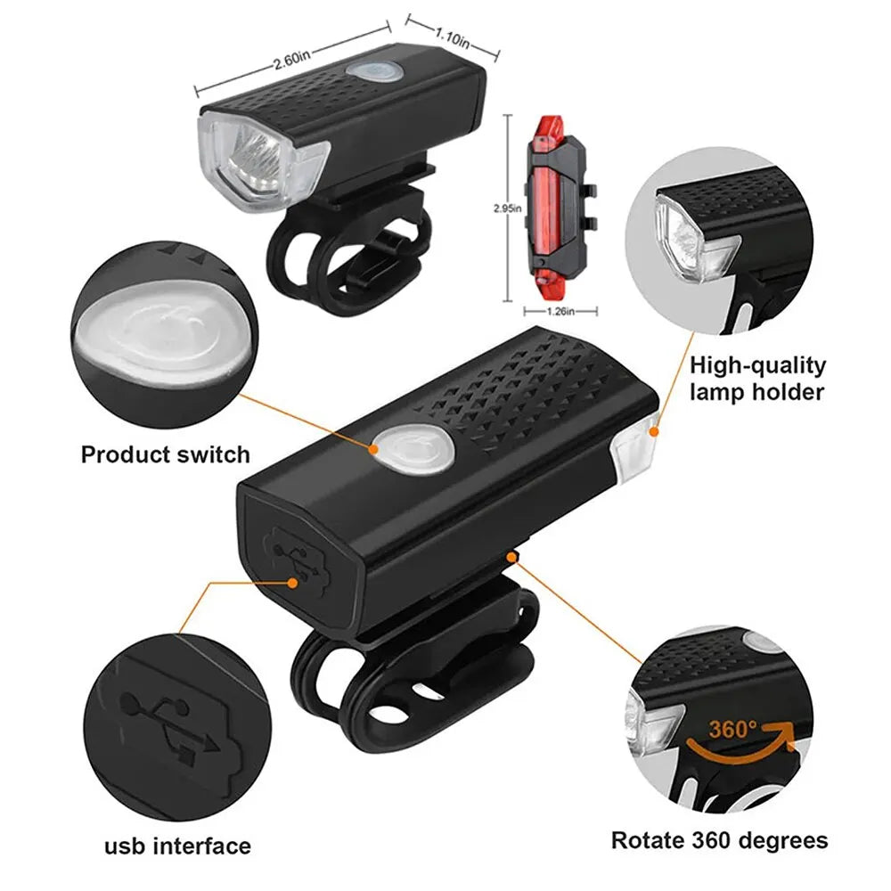 USB Rechargeable Bike Light Set Front Light with Taillight Easy to Install 3 Modes Bicycle Accessories for the Bicycle  DailyAlertDeals   