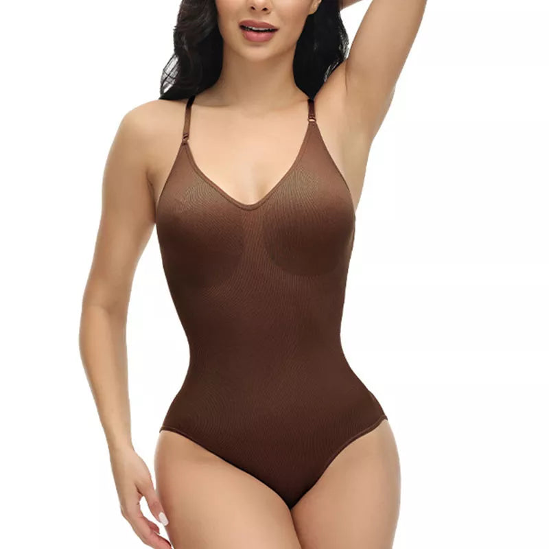 GUUDIA V Neck Spaghetti Strap Bodysuits Compression Body Suits Open Crotch Shapewear Slimming Body Shaper Smooth Out Bodysuit  DailyAlertDeals brown XS 