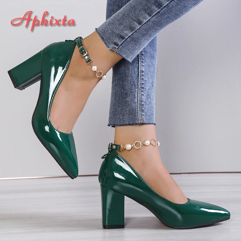 Aphixta 2023 New Luxury Rhinestone Pearl Chain 7cm Chunky Heels Pumps Women Shoes String Bead Pointed Toe Bling Crystals Pumps  DailyAlertDeals   