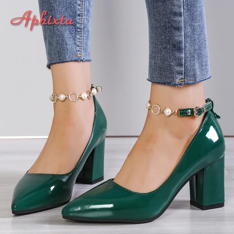 Aphixta 2023 New Luxury Rhinestone Pearl Chain 7cm Chunky Heels Pumps Women Shoes String Bead Pointed Toe Bling Crystals Pumps  DailyAlertDeals   