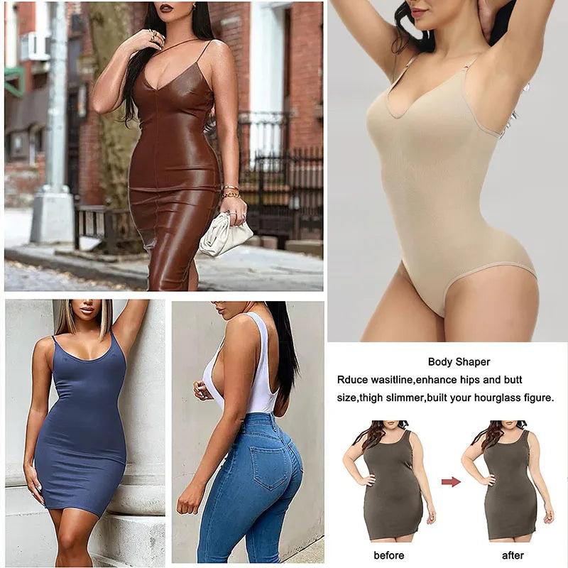 GUUDIA V Neck Spaghetti Strap Bodysuits Compression Body Suits Open Crotch Shapewear Slimming Body Shaper Smooth Out Bodysuit  DailyAlertDeals   