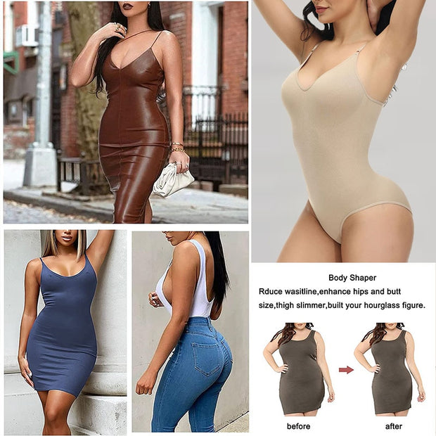 GUUDIA V Neck Spaghetti Strap Bodysuits Compression Body Suits Open Crotch Shapewear Slimming Body Shaper Smooth Out Bodysuit 0 DailyAlertDeals   
