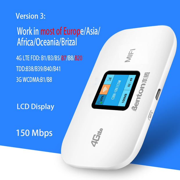 Benton Unlock 4G Lte Router Wireless Wifi Portable Modem Mini Outdoor Hotspot Pocket Mifi 150mbps Sim Card Slot Repeater 3000mah 0 DailyAlertDeals China 2050mAh Version3