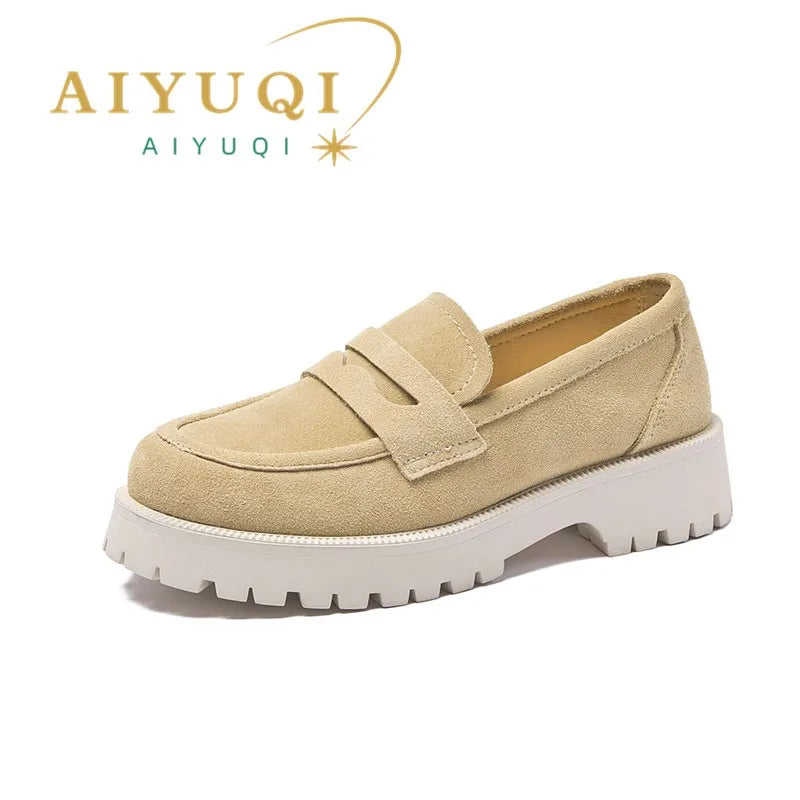 AIYUQI Spring Shoes Female British Style Thick-soled College Style Casual Loafers Genuine Leather Fashion Shoes Girls WHSLE MTO  DailyAlertDeals beige suede 34 