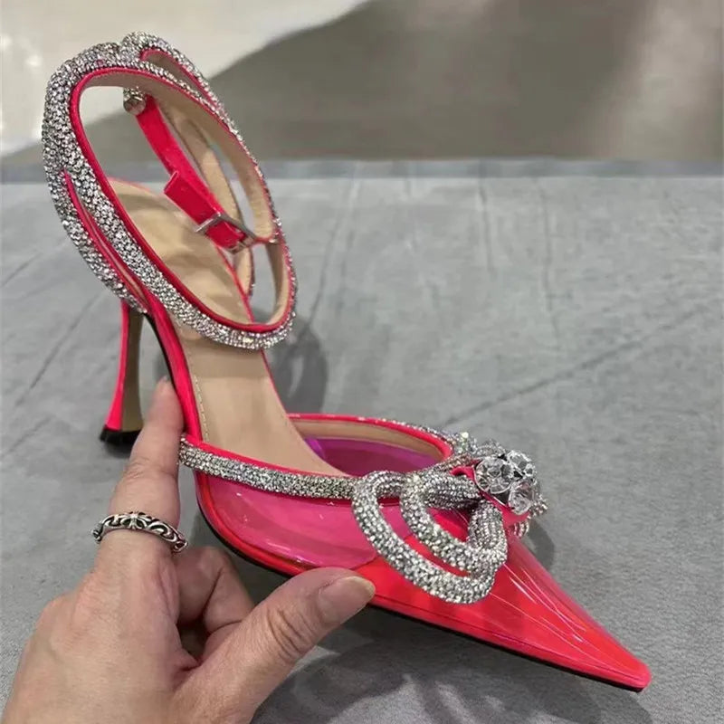 Runway style Glitter Rhinestones Women Pumps Crystal bowknot Satin Summer Lady Shoes Genuine leather High heels Party Prom Shoes  DailyAlertDeals 0062 PVC Rose 36 