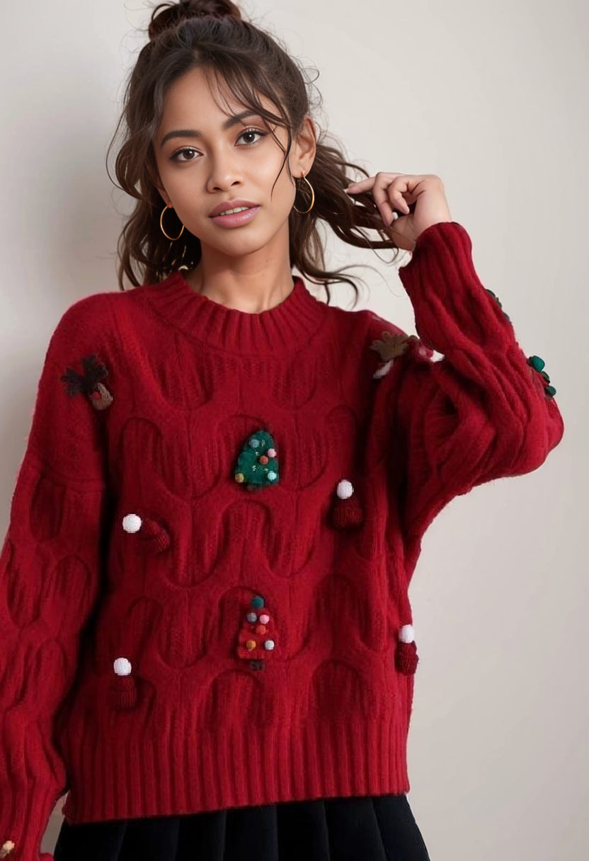 Autumn and Winter Three-Dimensional Knitted Long Sleeve Sweater Student Christmas  DailyAlertDeals   